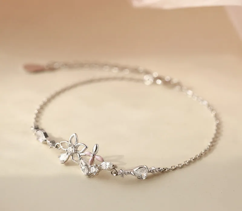 Fashion Korean 925 Sterling Silver Link Chain Crystal Flower Charm Bracelet &Bangle For Women Wedding Jewelry SL113