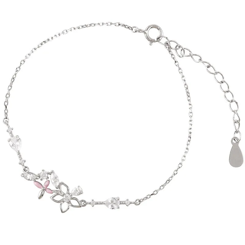 Fashion Korean 925 Sterling Silver Link Chain Crystal Flower Charm Bracelet &Bangle For Women Wedding Jewelry SL113