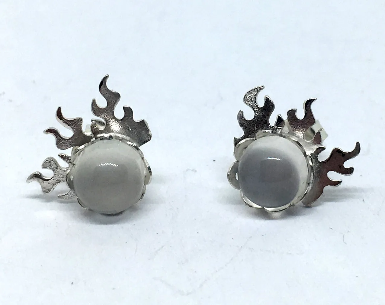 Flame Stud Earrings with Moonstone in Sterling Silver