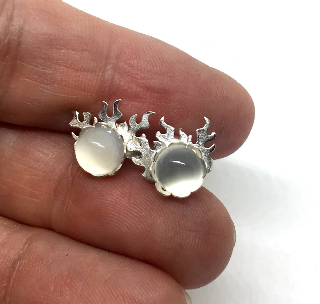 Flame Stud Earrings with Moonstone in Sterling Silver