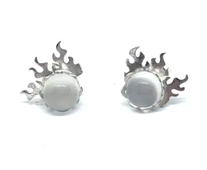 Flame Stud Earrings with Moonstone in Sterling Silver