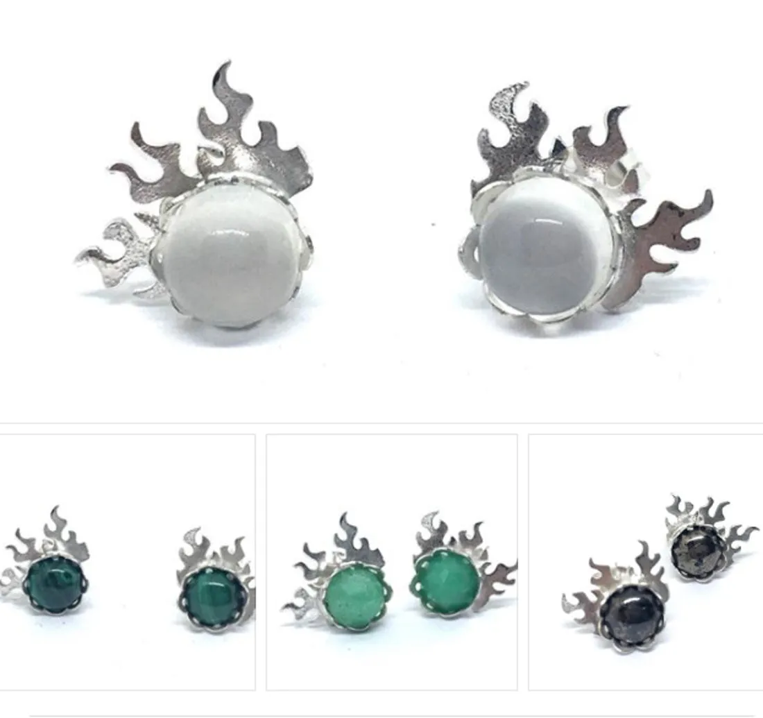 Flame Stud Earrings with Moonstone in Sterling Silver