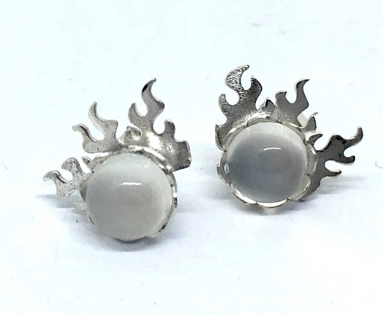 Flame Stud Earrings with Moonstone in Sterling Silver