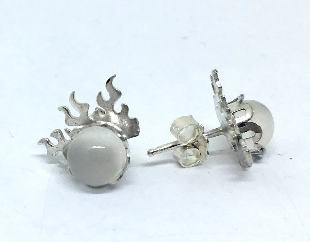 Flame Stud Earrings with Moonstone in Sterling Silver