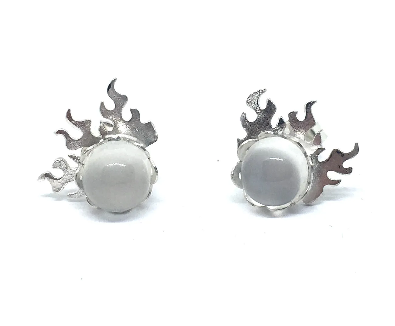 Flame Stud Earrings with Moonstone in Sterling Silver