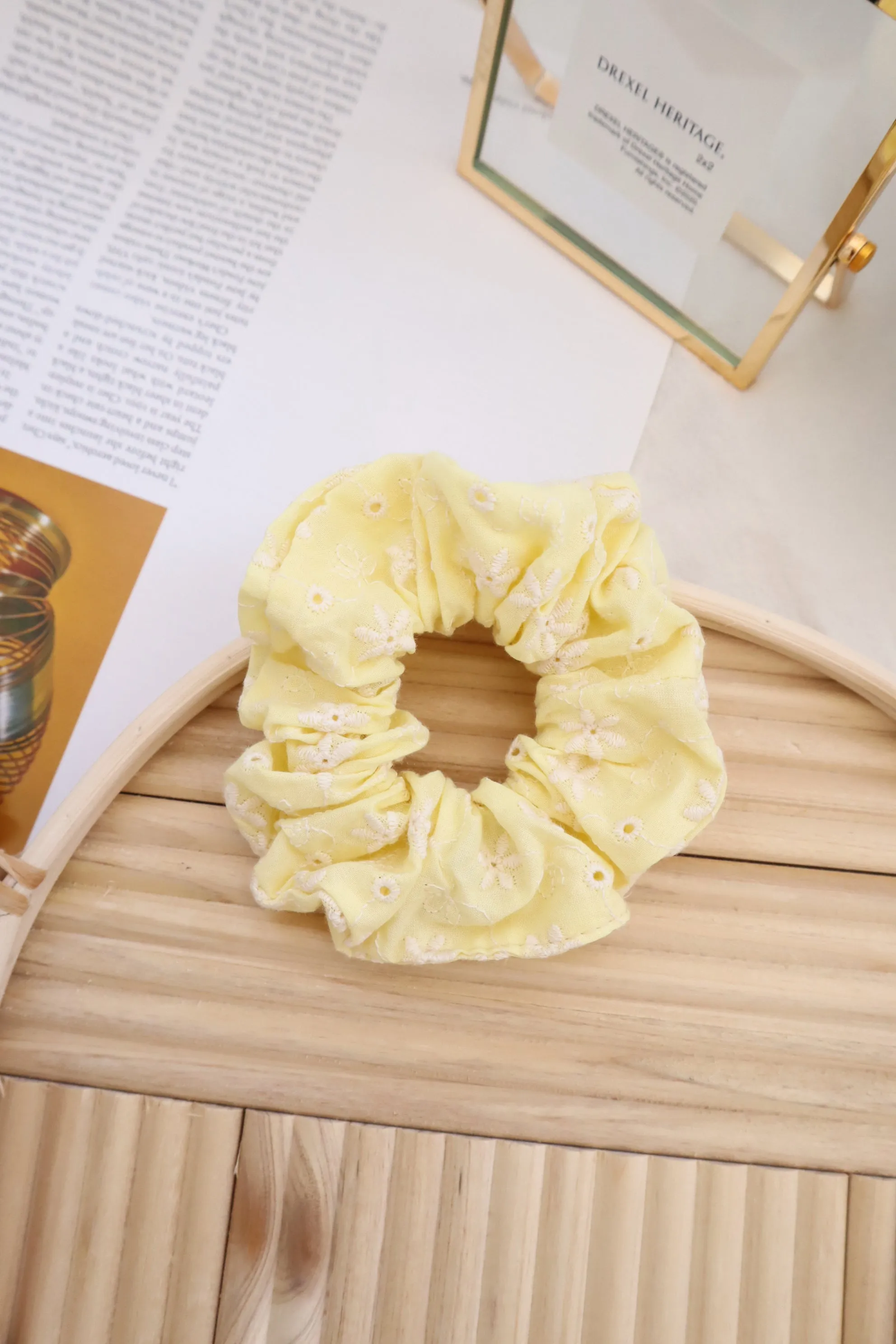 Flower Eyelet Embroidery Pattern Scrunch Hair Tie