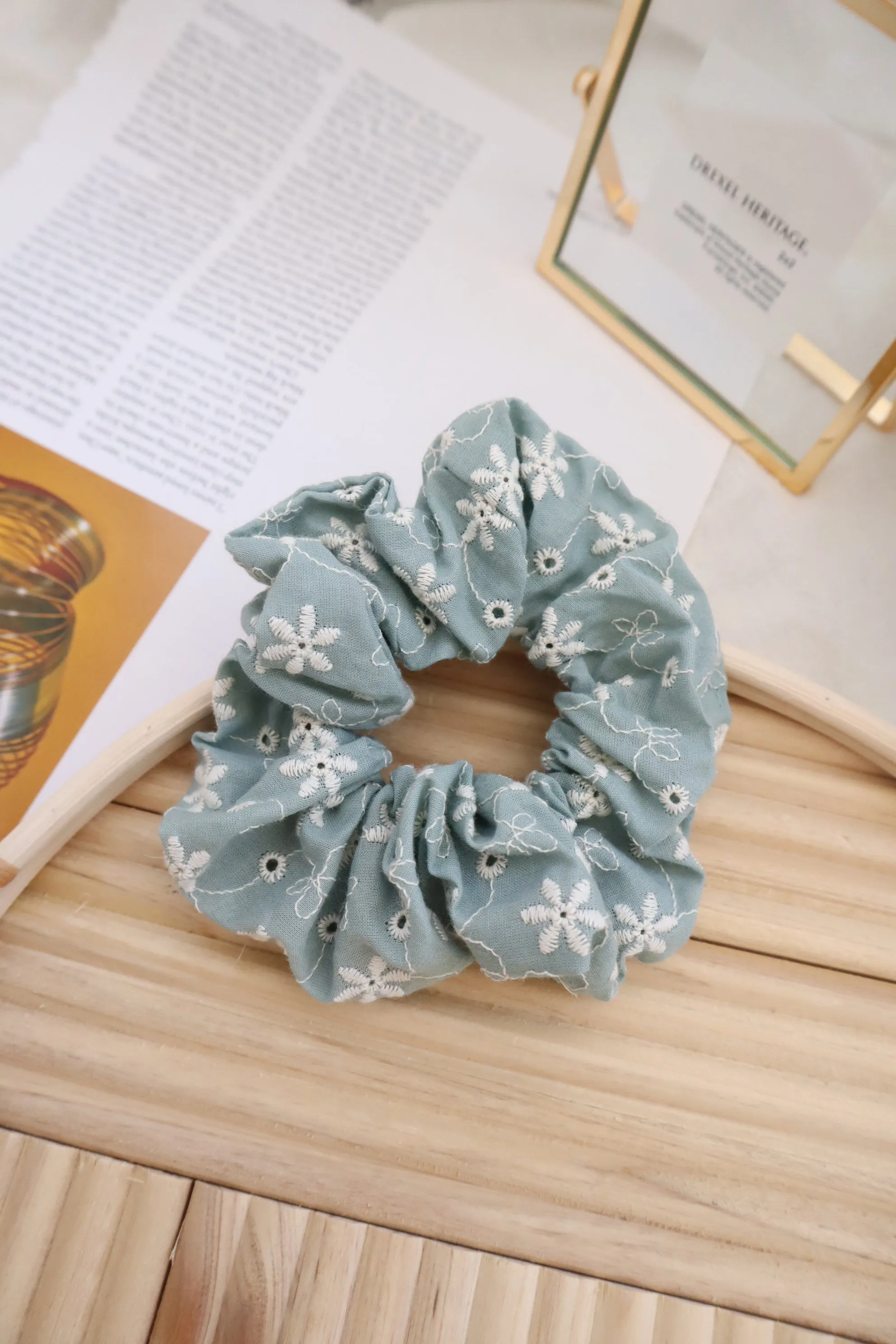 Flower Eyelet Embroidery Pattern Scrunch Hair Tie