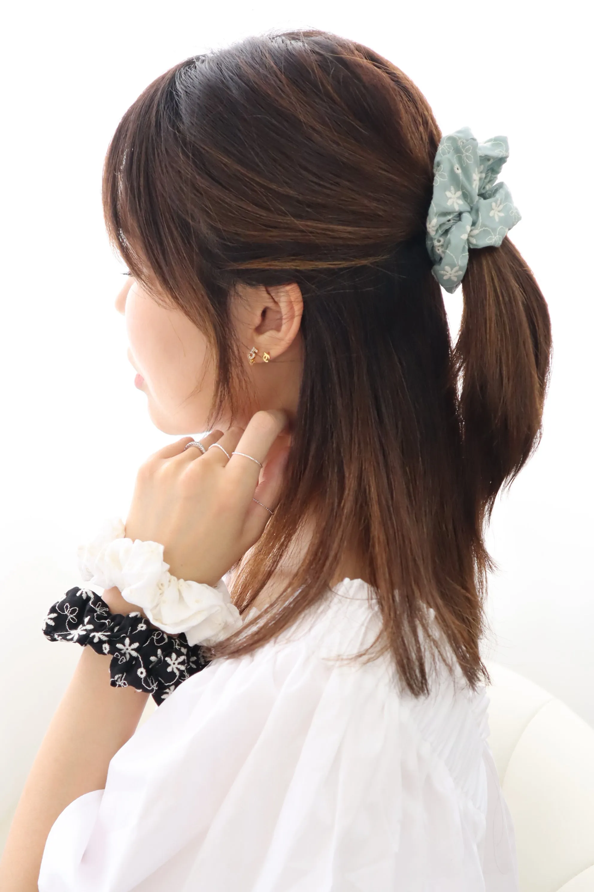 Flower Eyelet Embroidery Pattern Scrunch Hair Tie