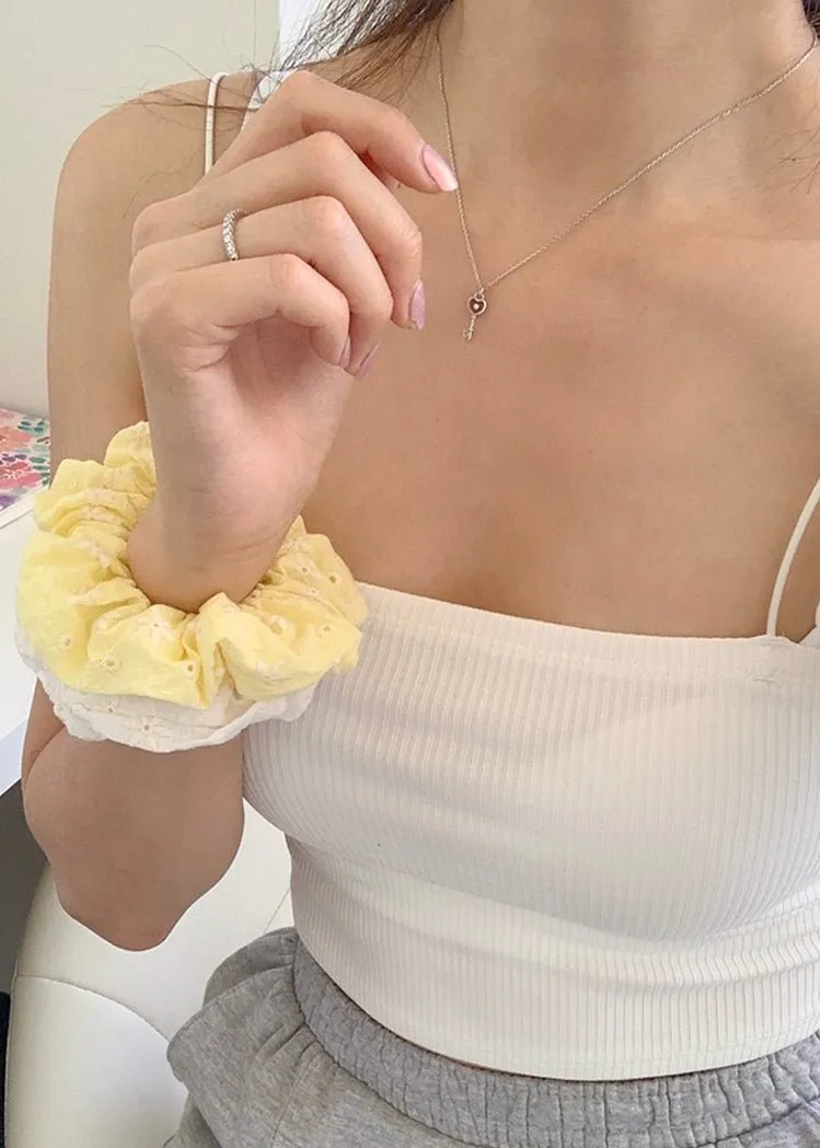 Flower Eyelet Embroidery Pattern Scrunch Hair Tie