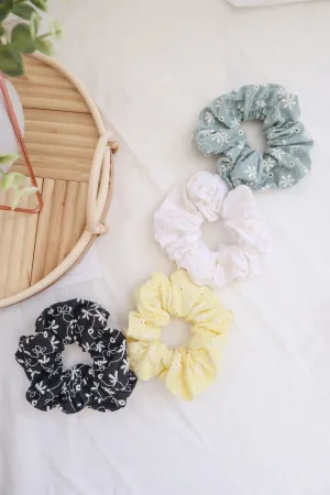 Flower Eyelet Embroidery Pattern Scrunch Hair Tie