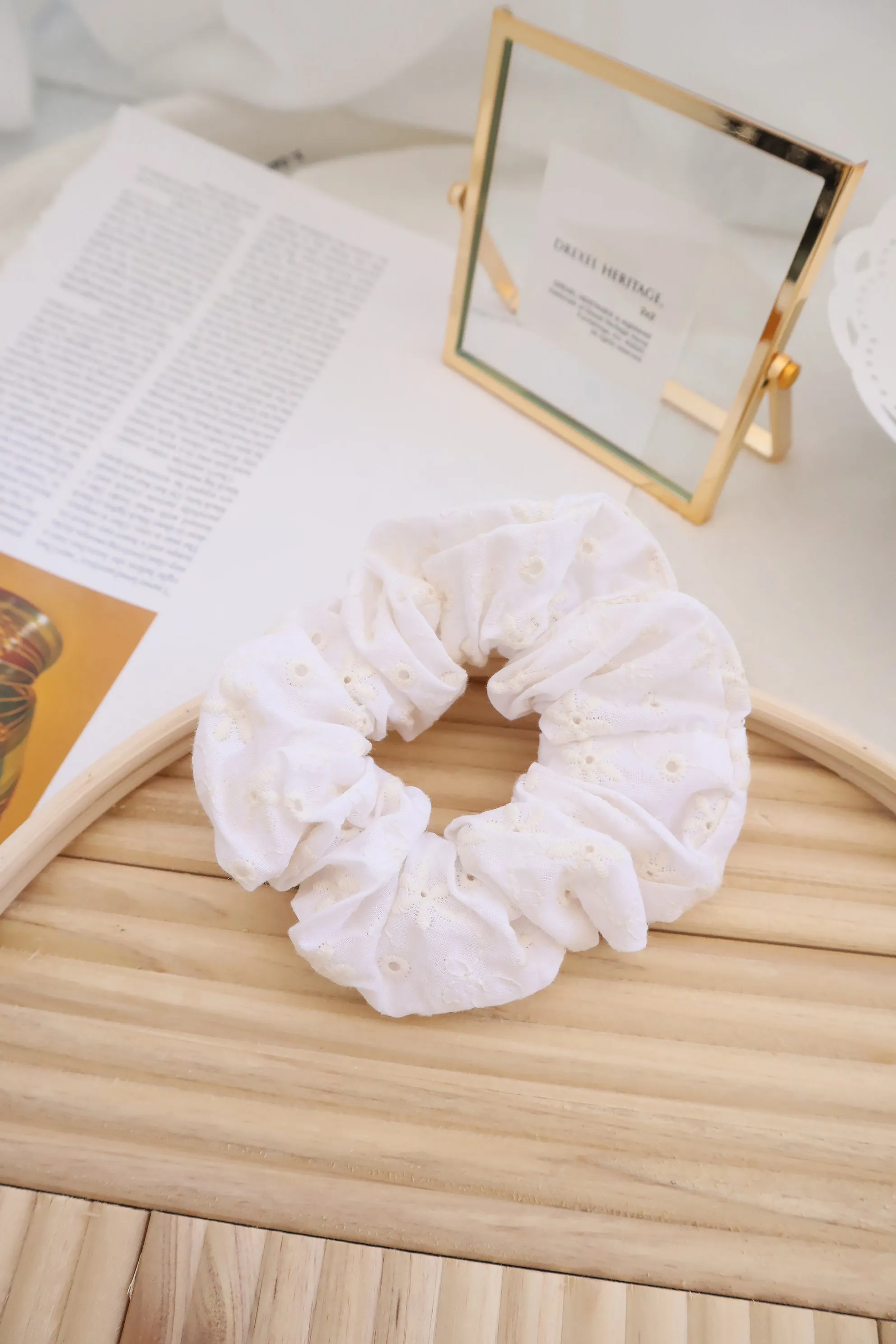 Flower Eyelet Embroidery Pattern Scrunch Hair Tie