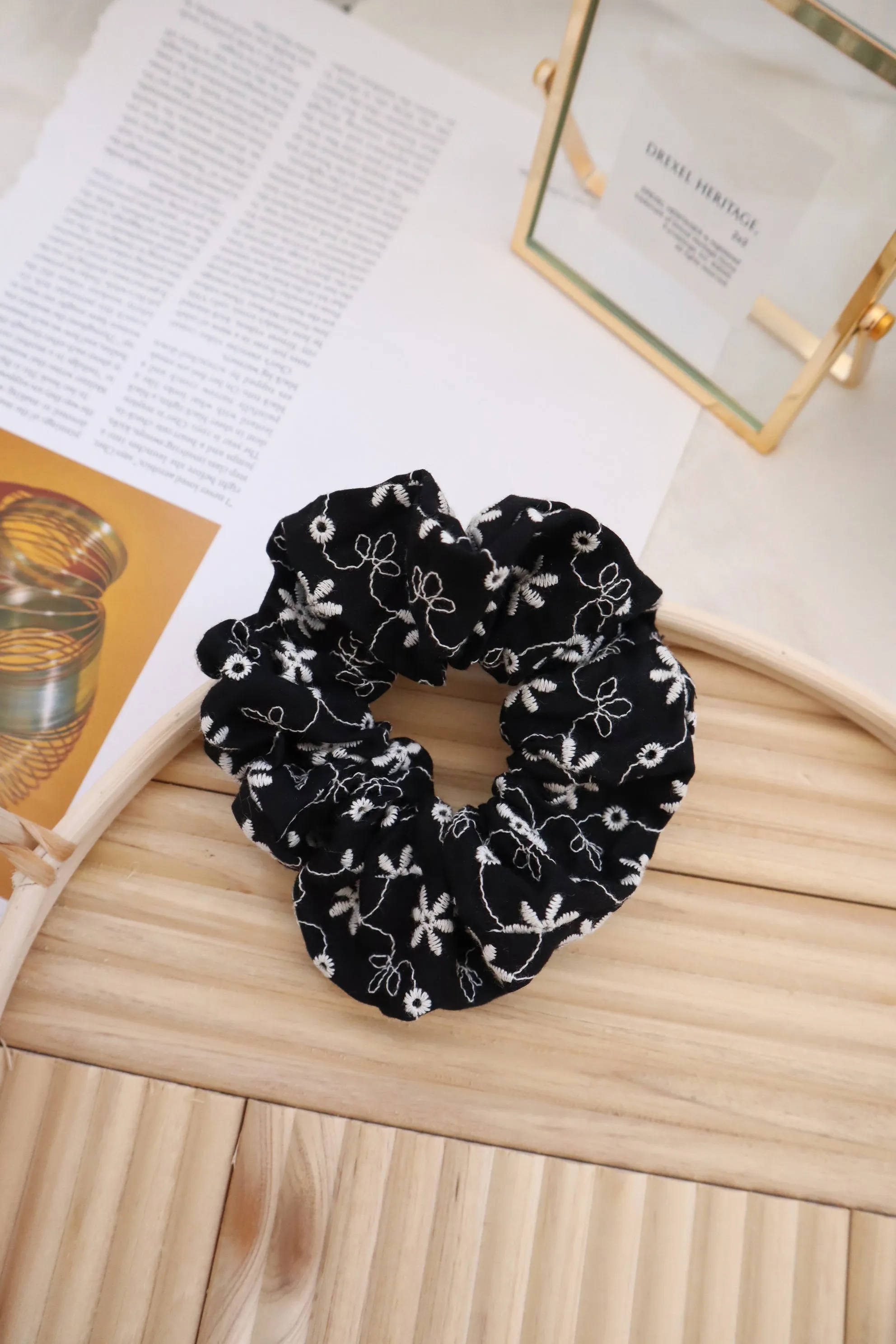 Flower Eyelet Embroidery Pattern Scrunch Hair Tie