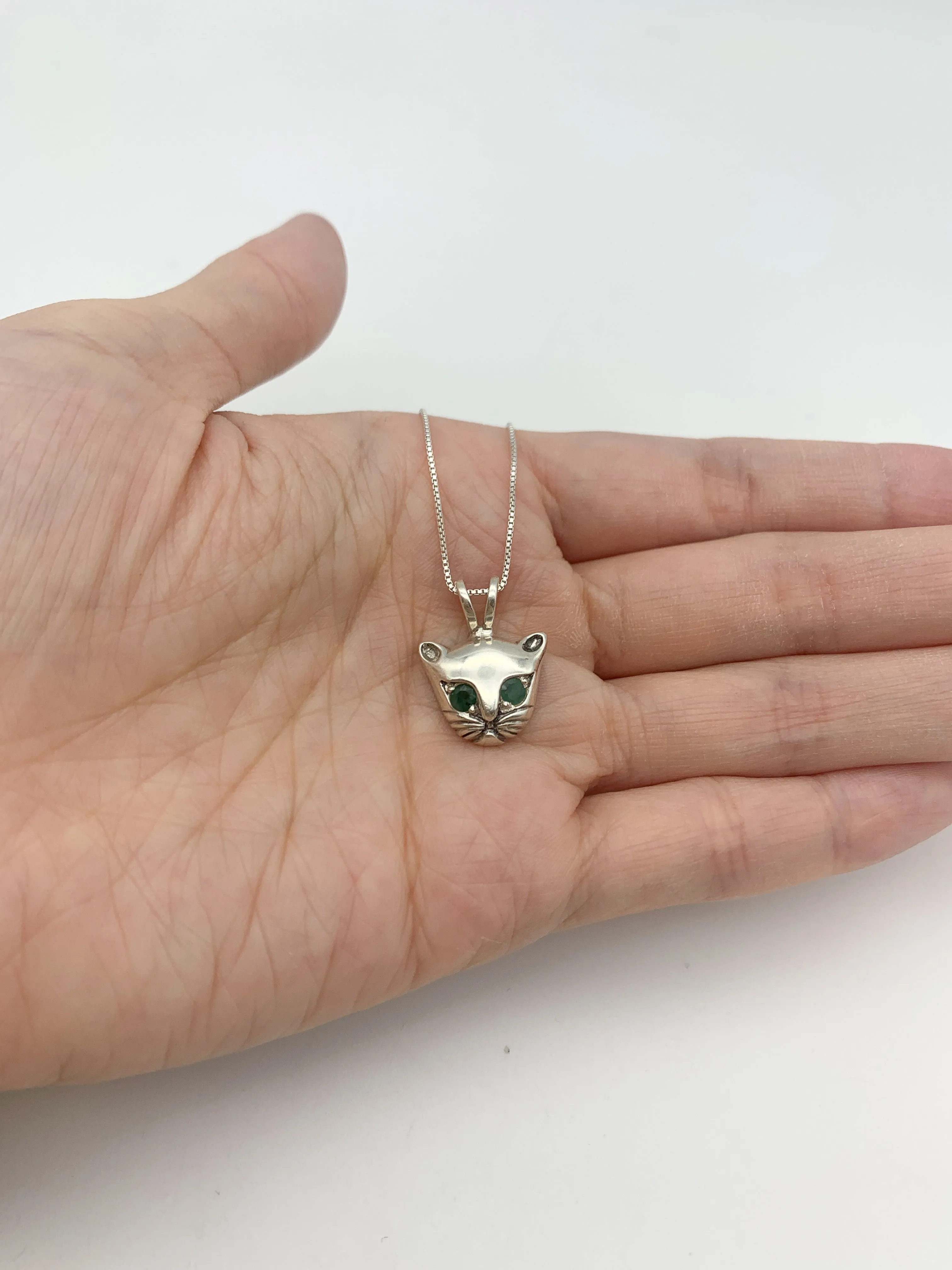 Genuine Emerald Cat Pendant - Cat Lover Necklace - Green Cat Pendant
