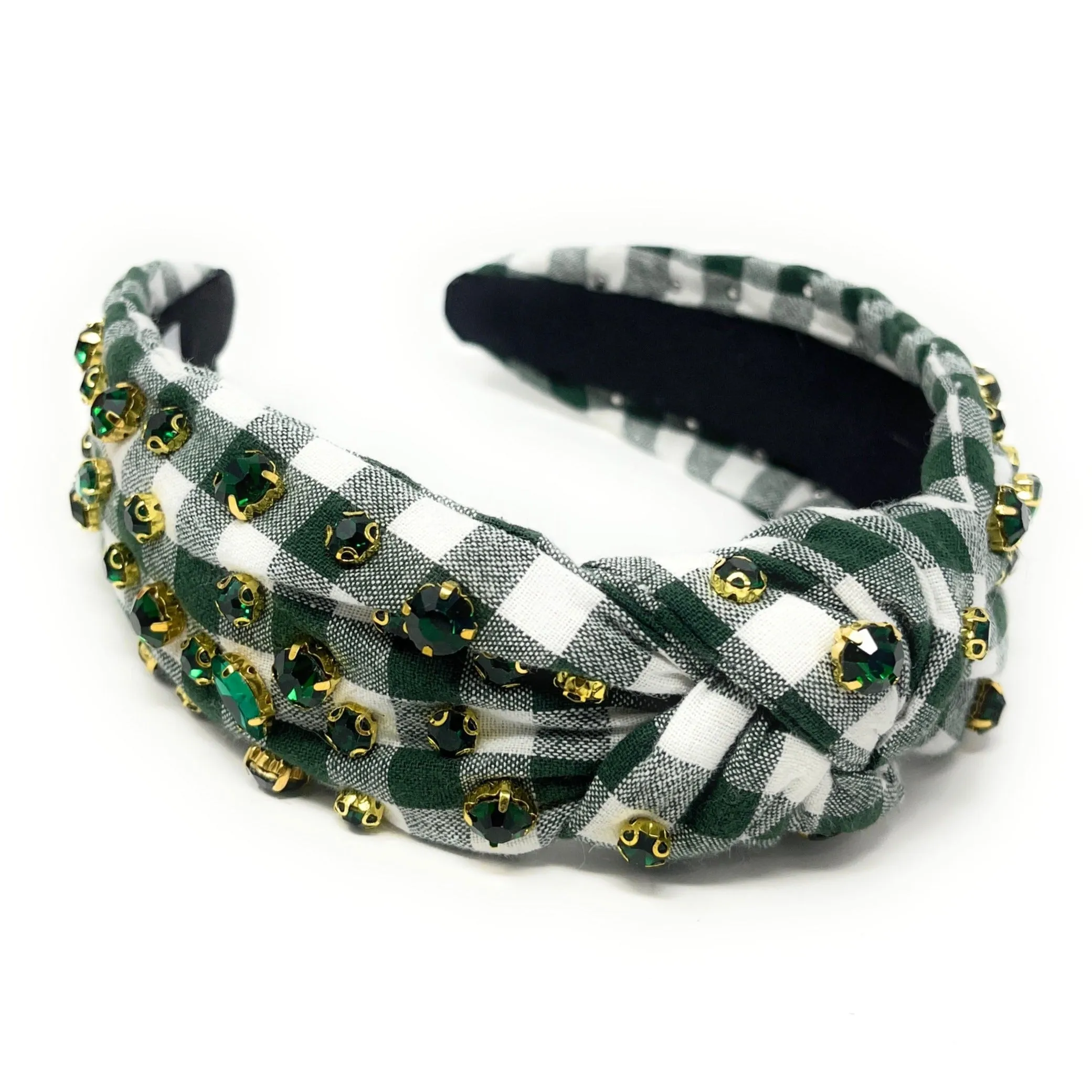 Green Gingham Jeweled Knot Headband