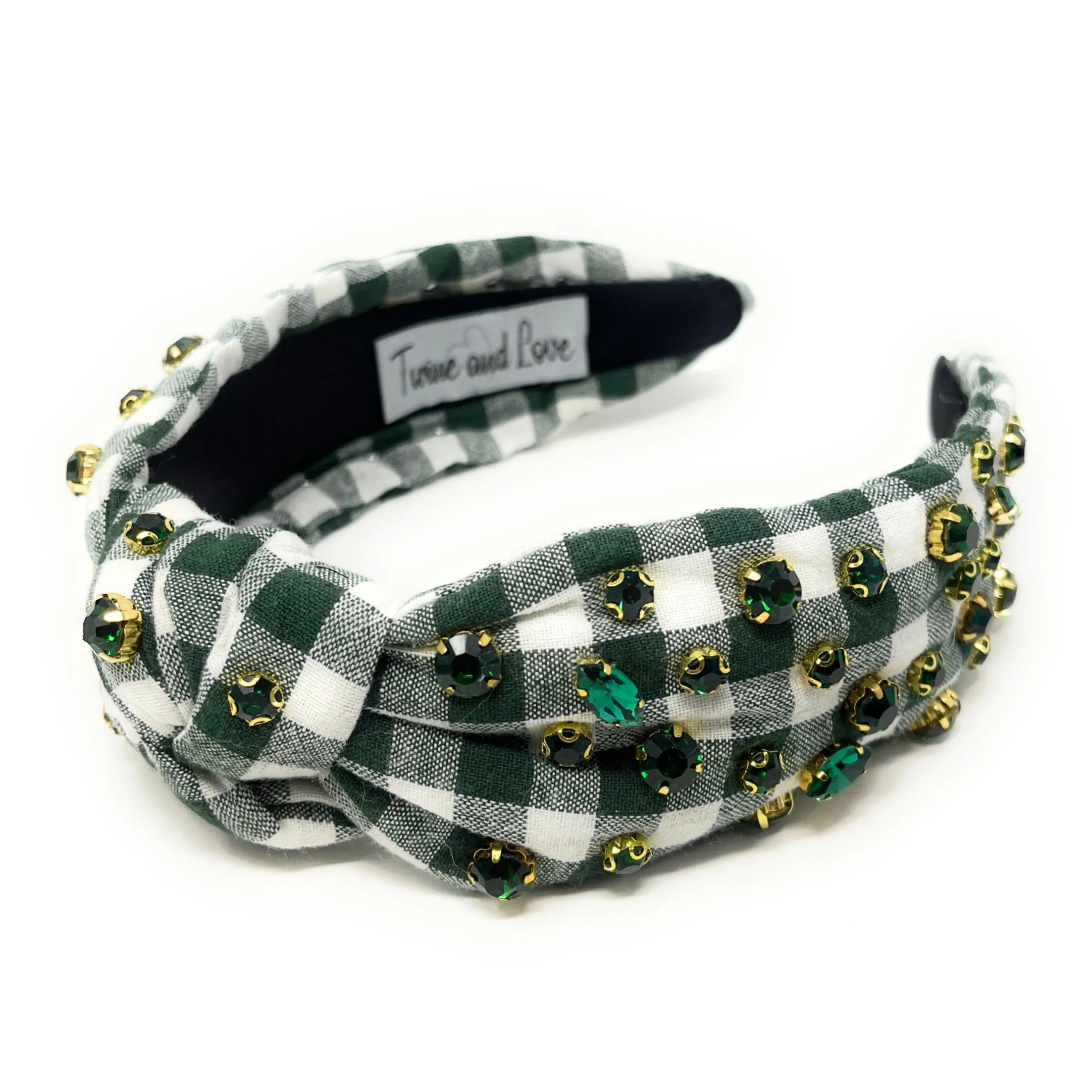 Green Gingham Jeweled Knot Headband