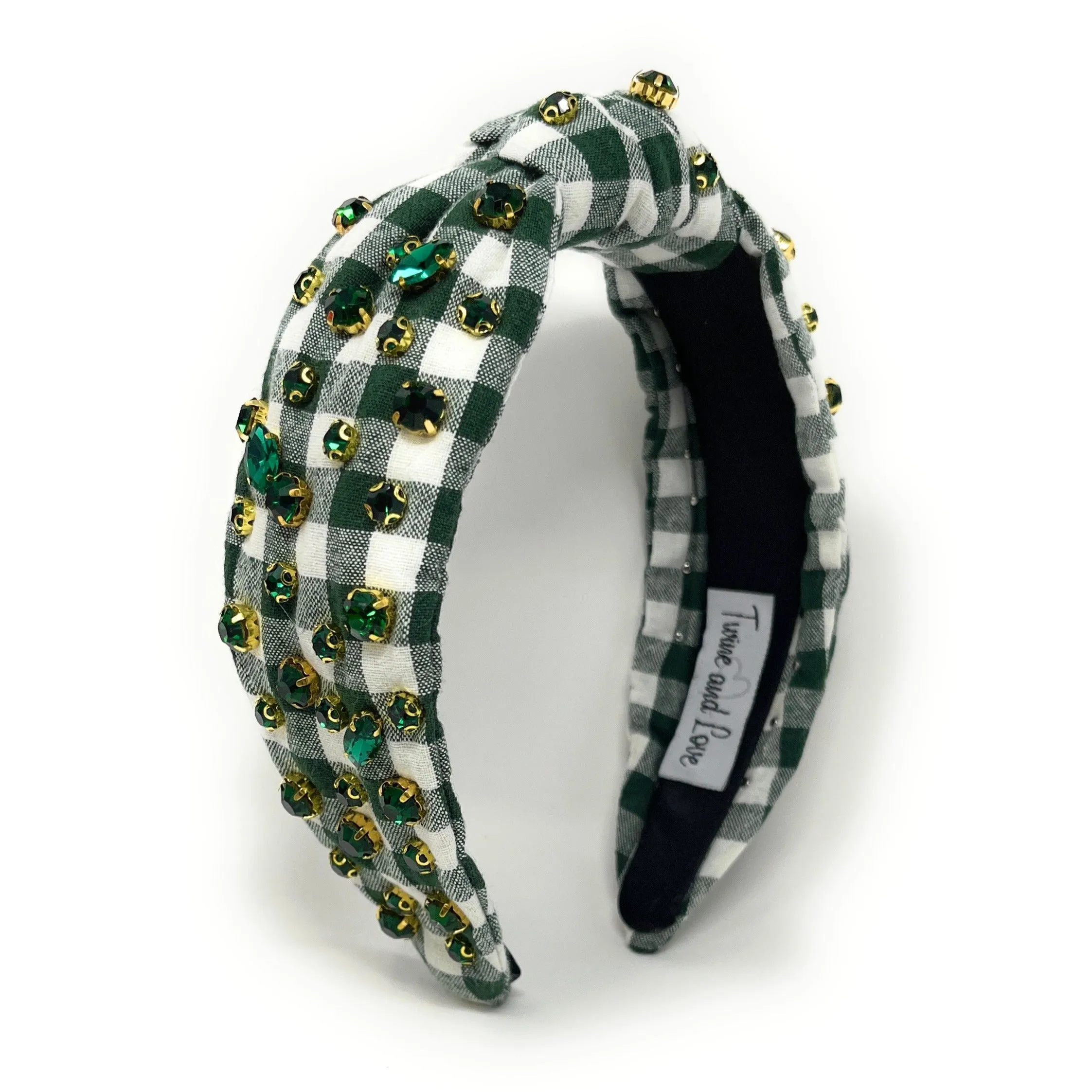 Green Gingham Jeweled Knot Headband