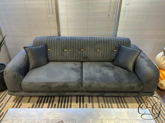 Grey Fabric Sofa W/Channel Tufted Back, Brass Plated Detailing/Hairpin Legs