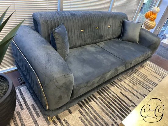 Grey Fabric Sofa W/Channel Tufted Back, Brass Plated Detailing/Hairpin Legs