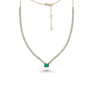 HalfWay Diamond Tennis Necklace With Emerald Cut Emerald (7.50 ct.) 2 mm 4-Prongs Setting  in 14K Gold