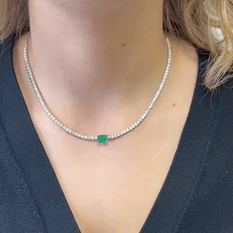 HalfWay Diamond Tennis Necklace With Emerald Cut Emerald (7.50 ct.) 2 mm 4-Prongs Setting  in 14K Gold
