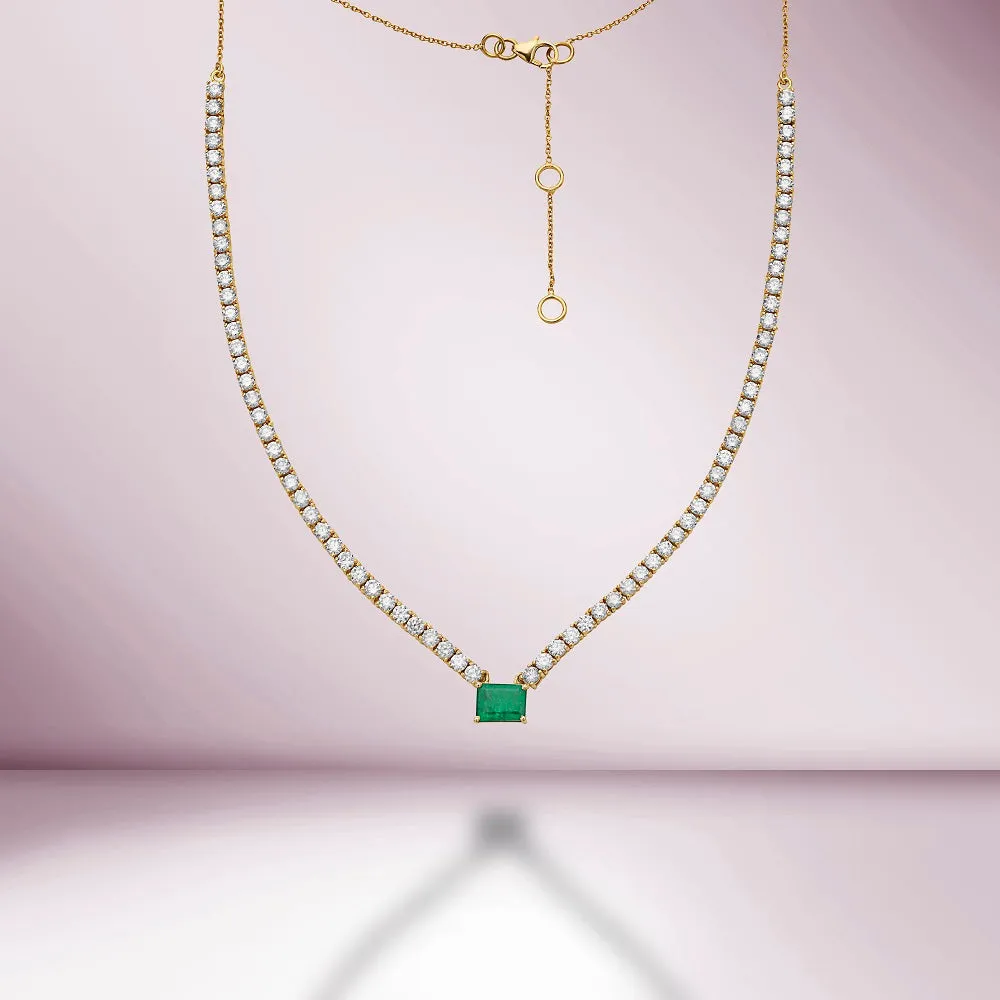 HalfWay Diamond Tennis Necklace With Emerald Cut Emerald (7.50 ct.) 2 mm 4-Prongs Setting  in 14K Gold