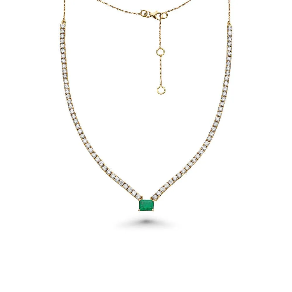 HalfWay Diamond Tennis Necklace With Emerald Cut Emerald (7.50 ct.) 2 mm 4-Prongs Setting  in 14K Gold