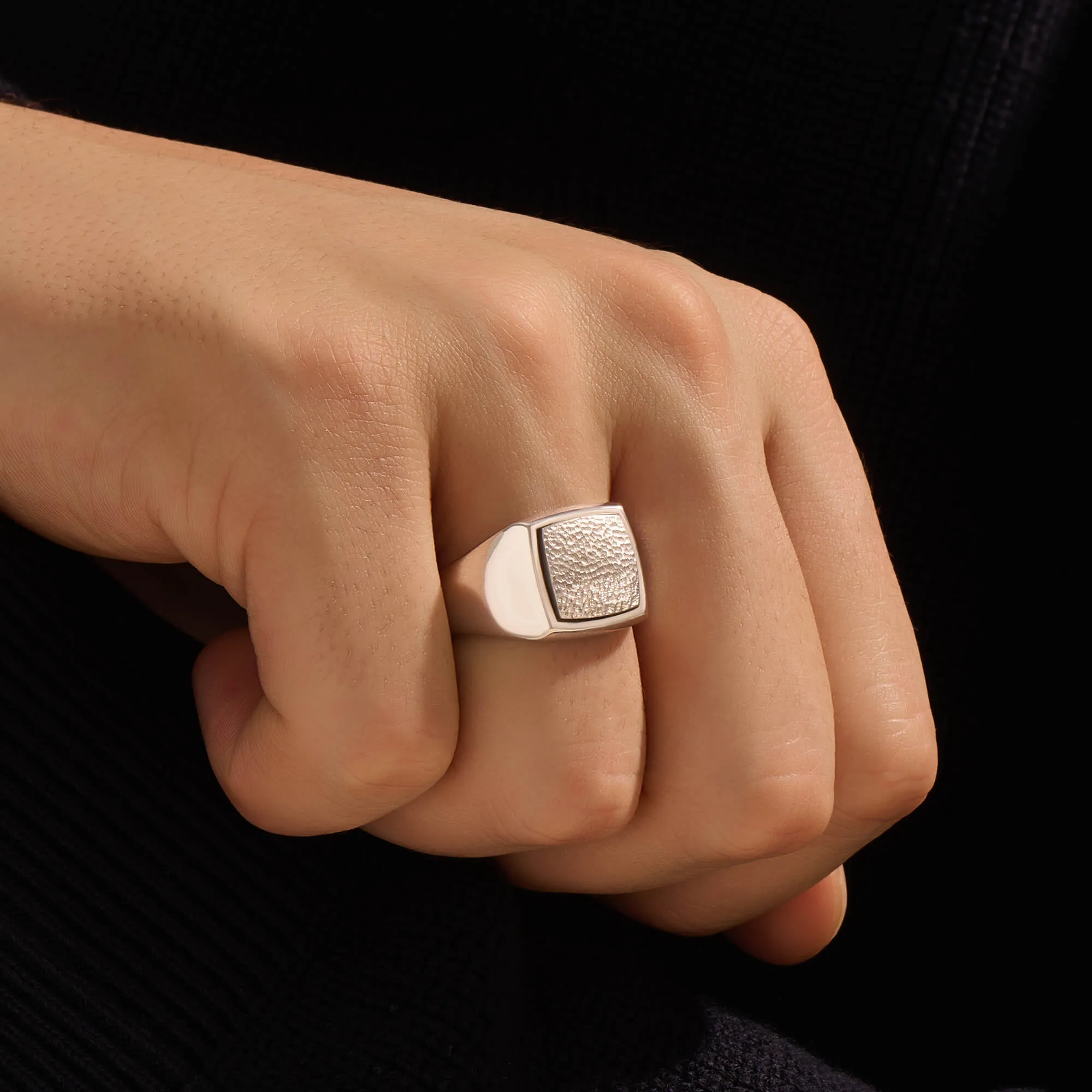 Hammered Square Signet Ring in Silver