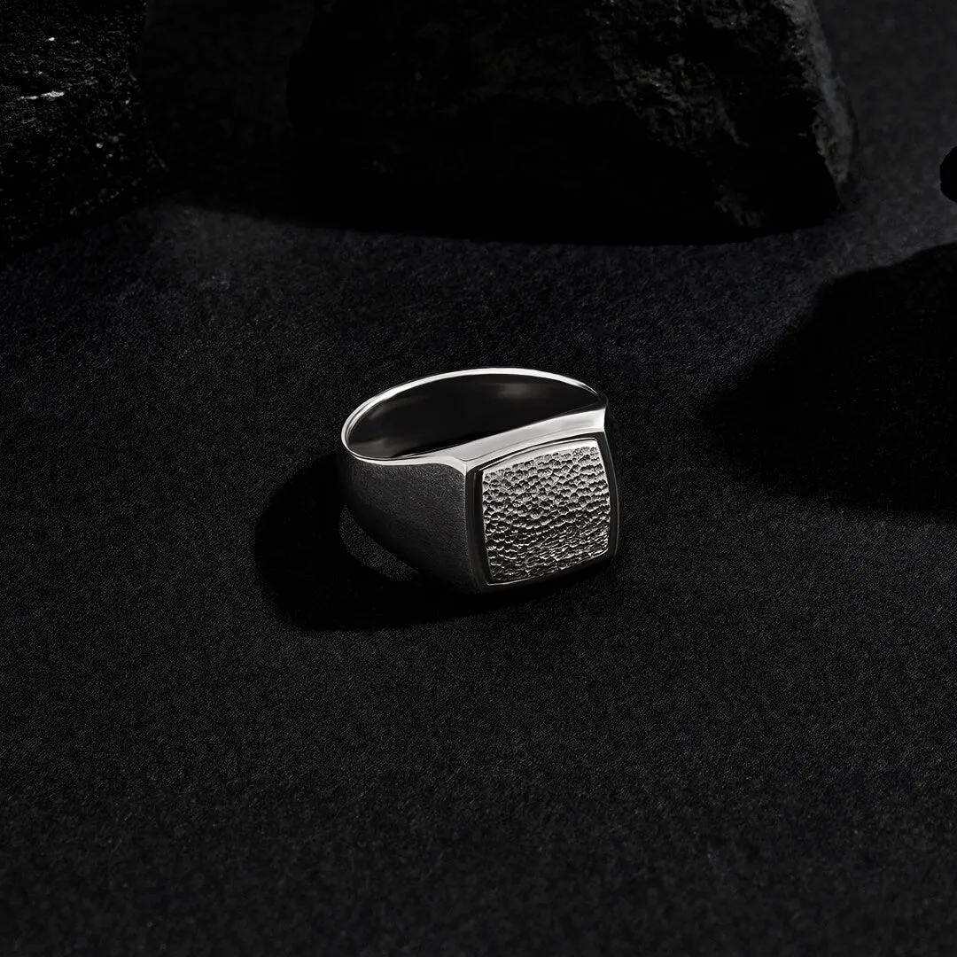 Hammered Square Signet Ring in Silver