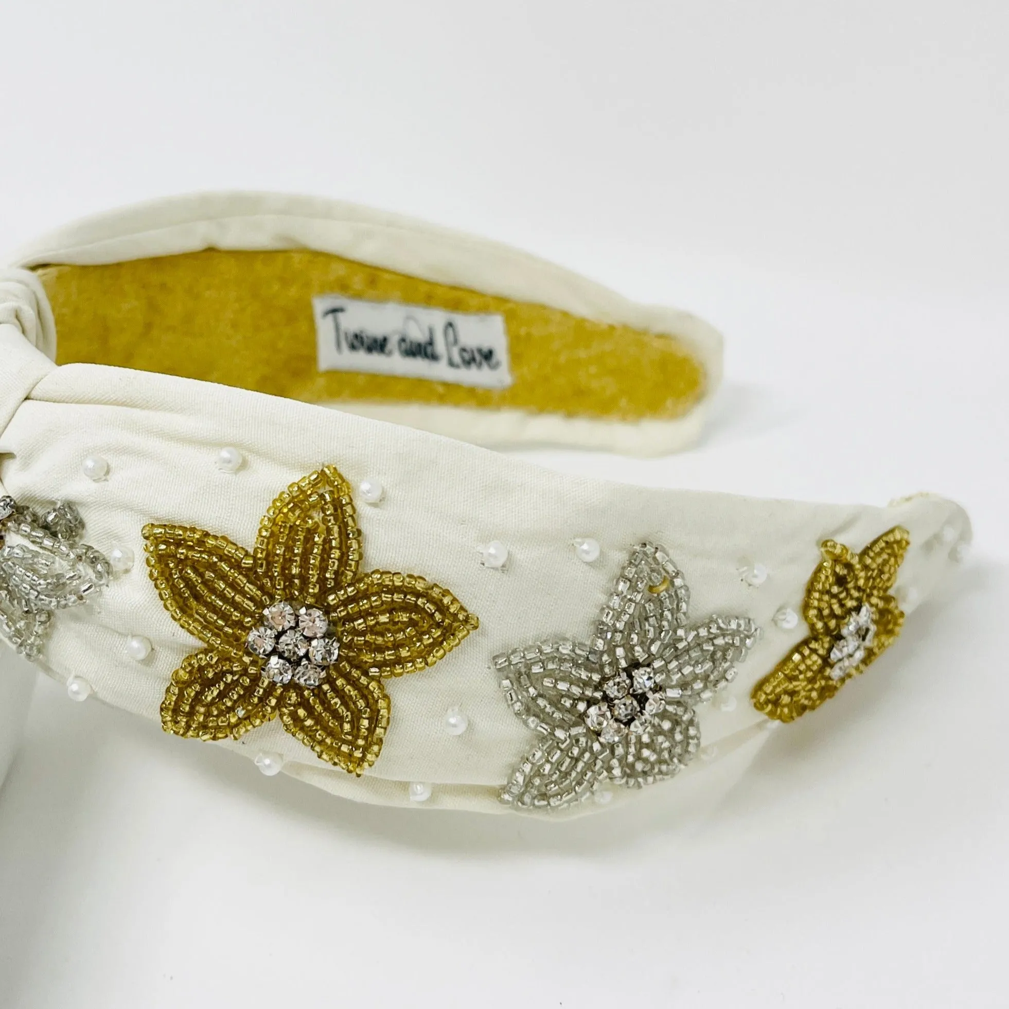 Hand Beaded Ivory Floral Knot Headband