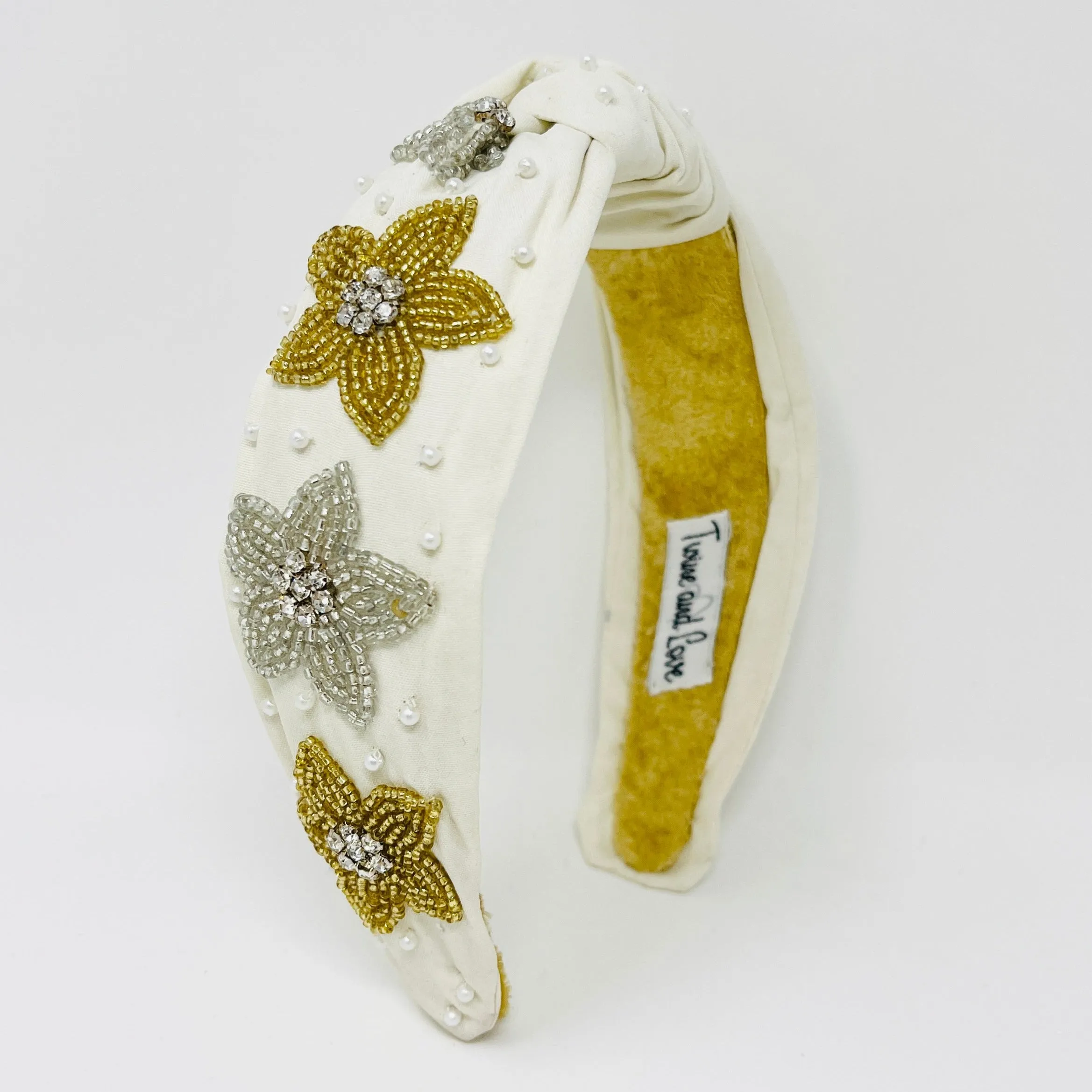 Hand Beaded Ivory Floral Knot Headband