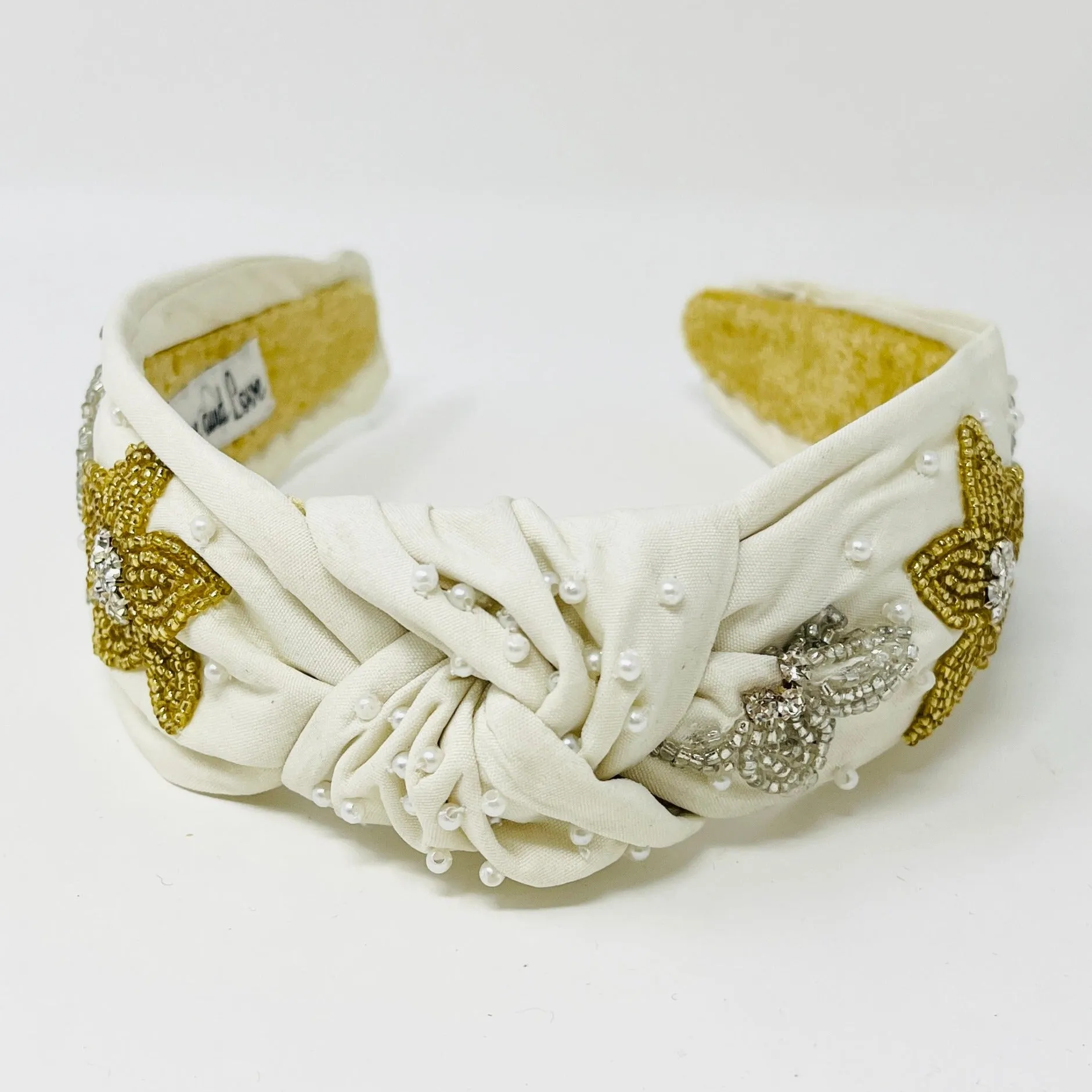Hand Beaded Ivory Floral Knot Headband