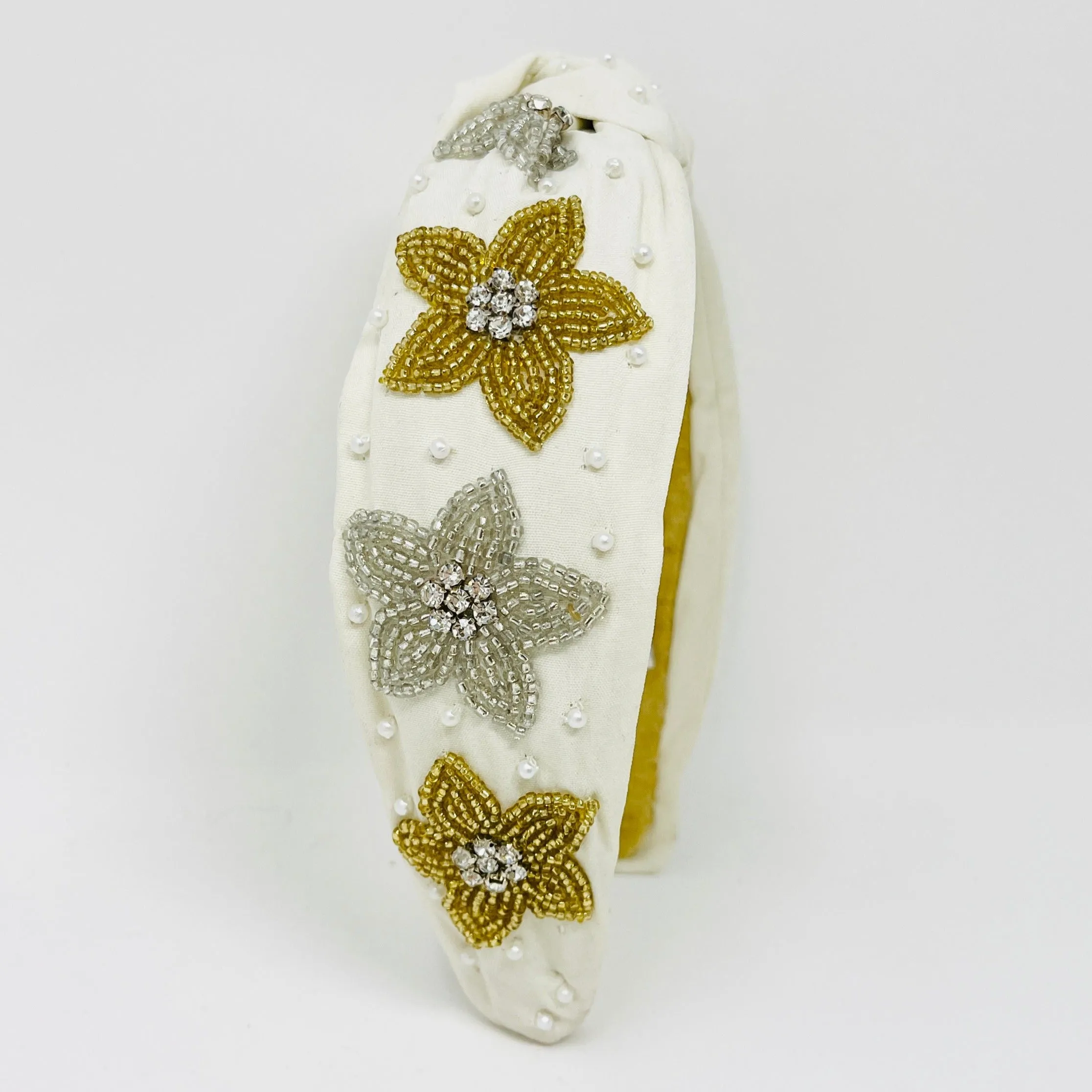 Hand Beaded Ivory Floral Knot Headband