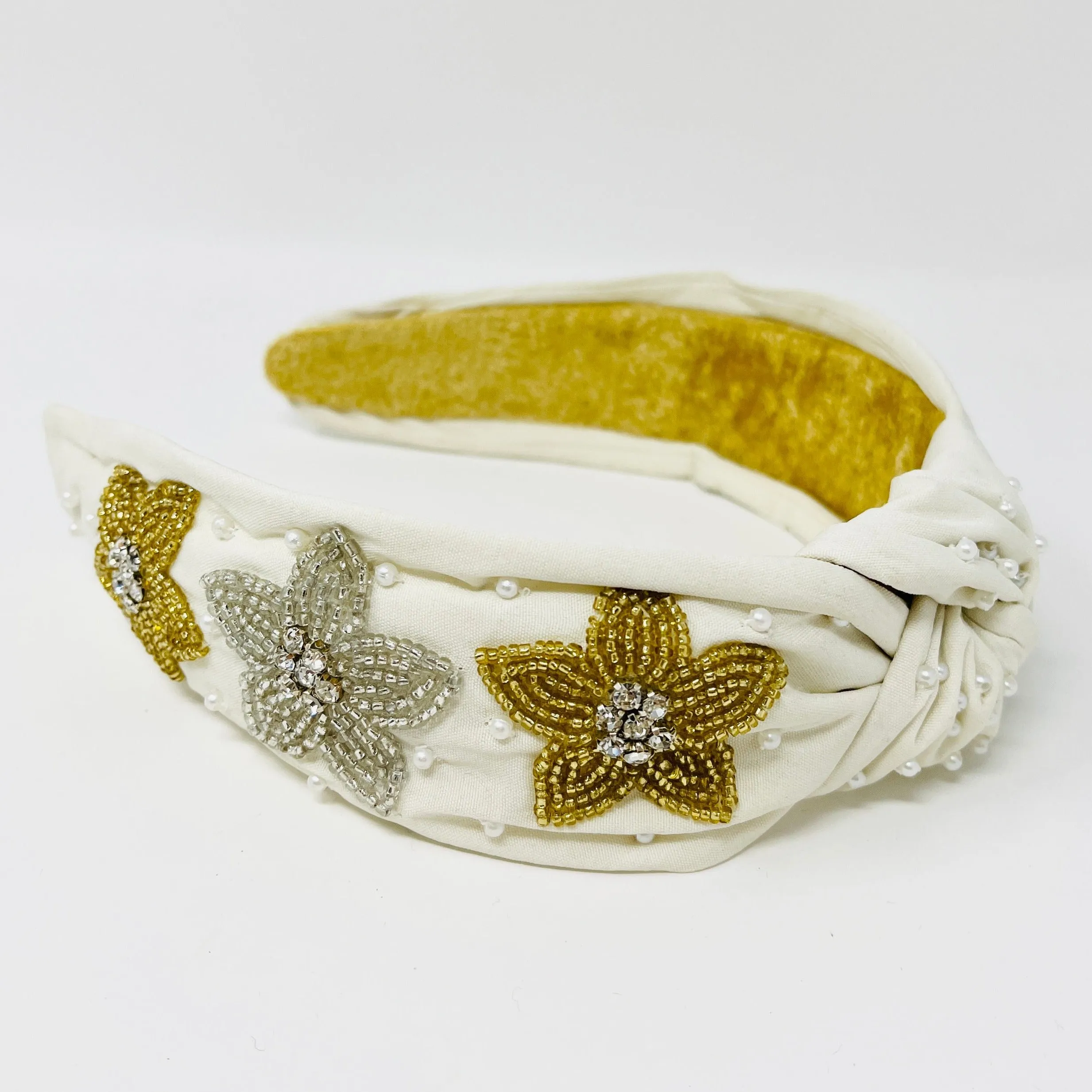 Hand Beaded Ivory Floral Knot Headband