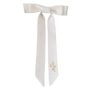 Hand-Embroidered Linen Bow Barrette - White, Neutral