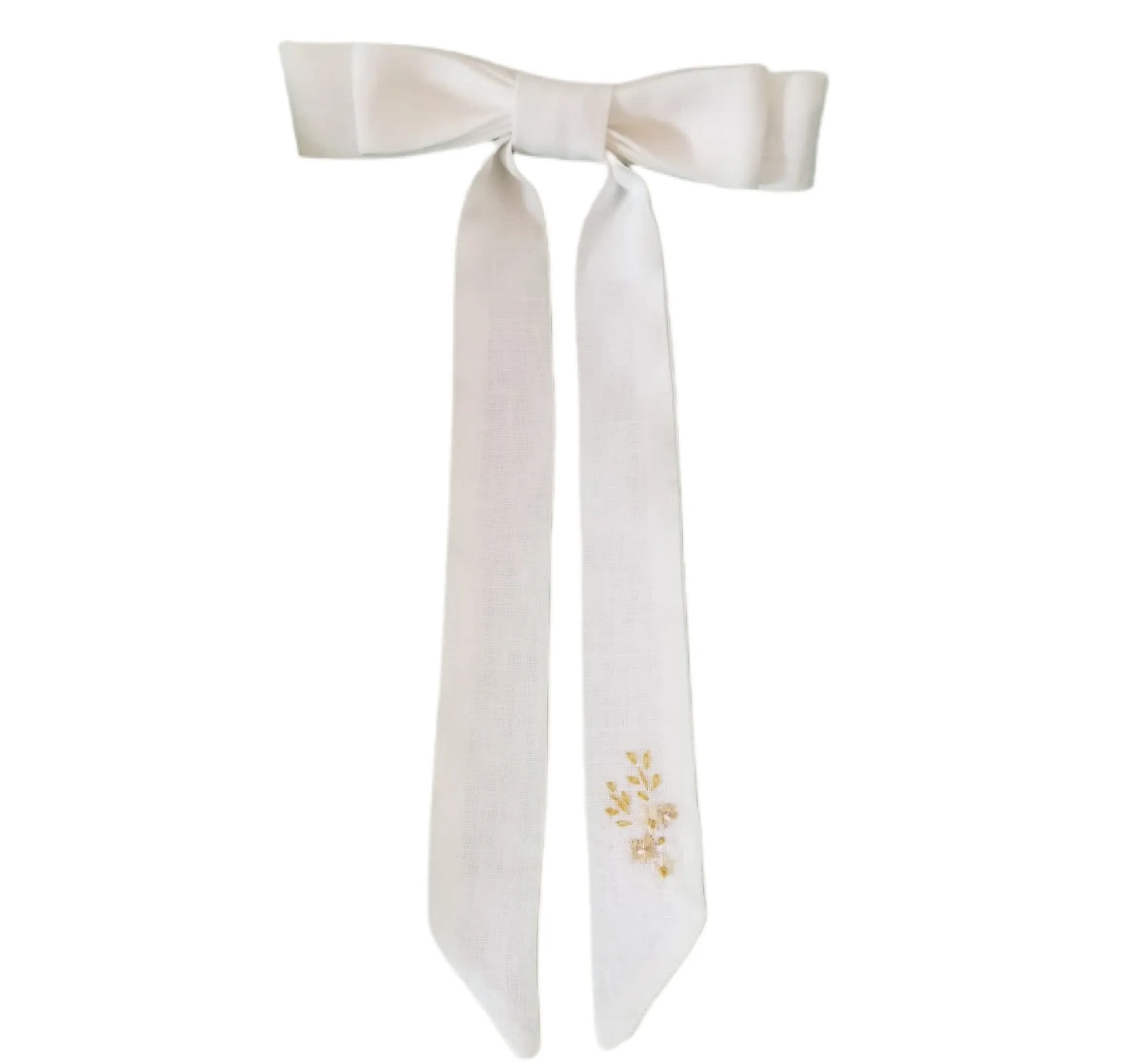 Hand-Embroidered Linen Bow Barrette - White, Neutral