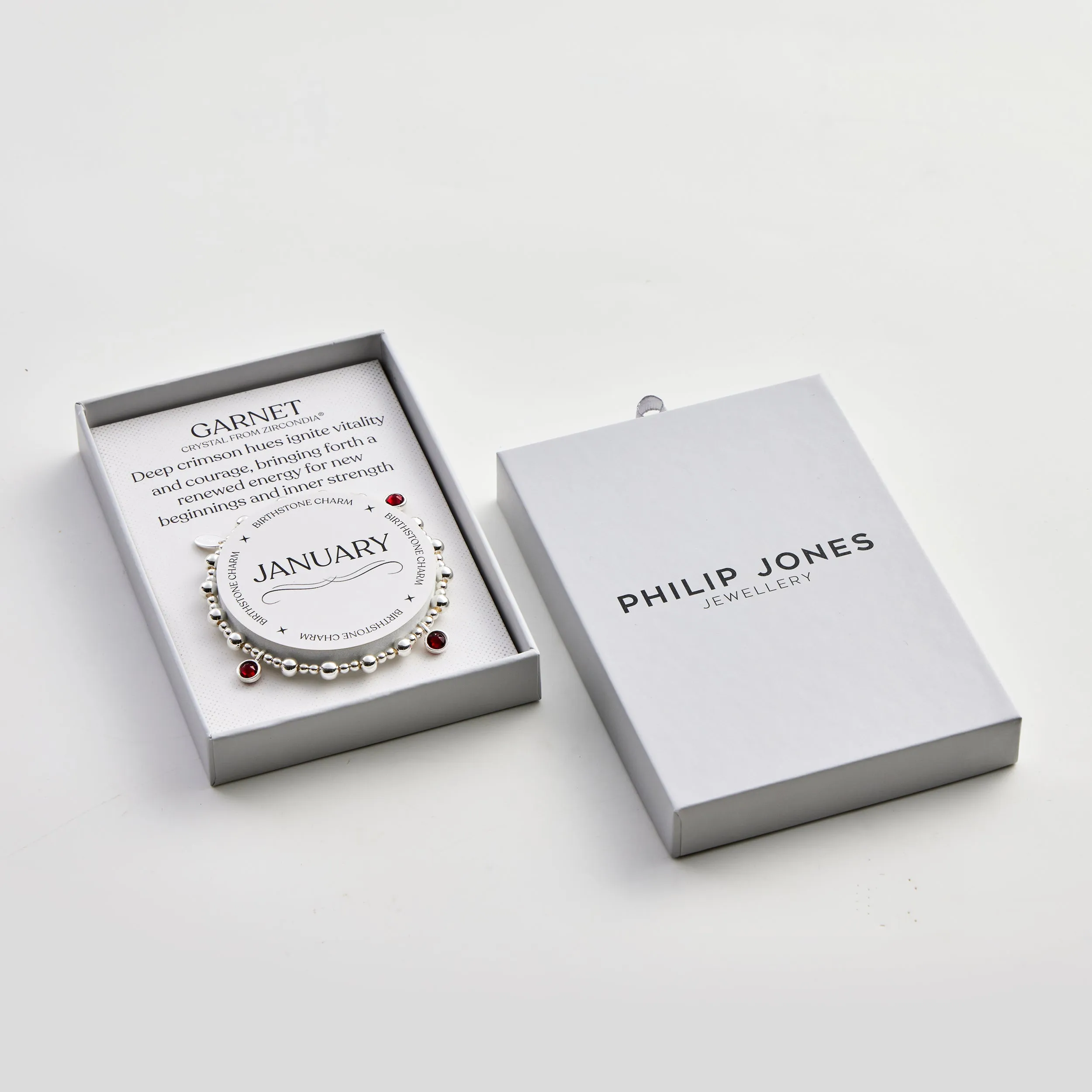 January (Garnet) Birthstone Stretch Charm Bracelet with Quote Gift Box