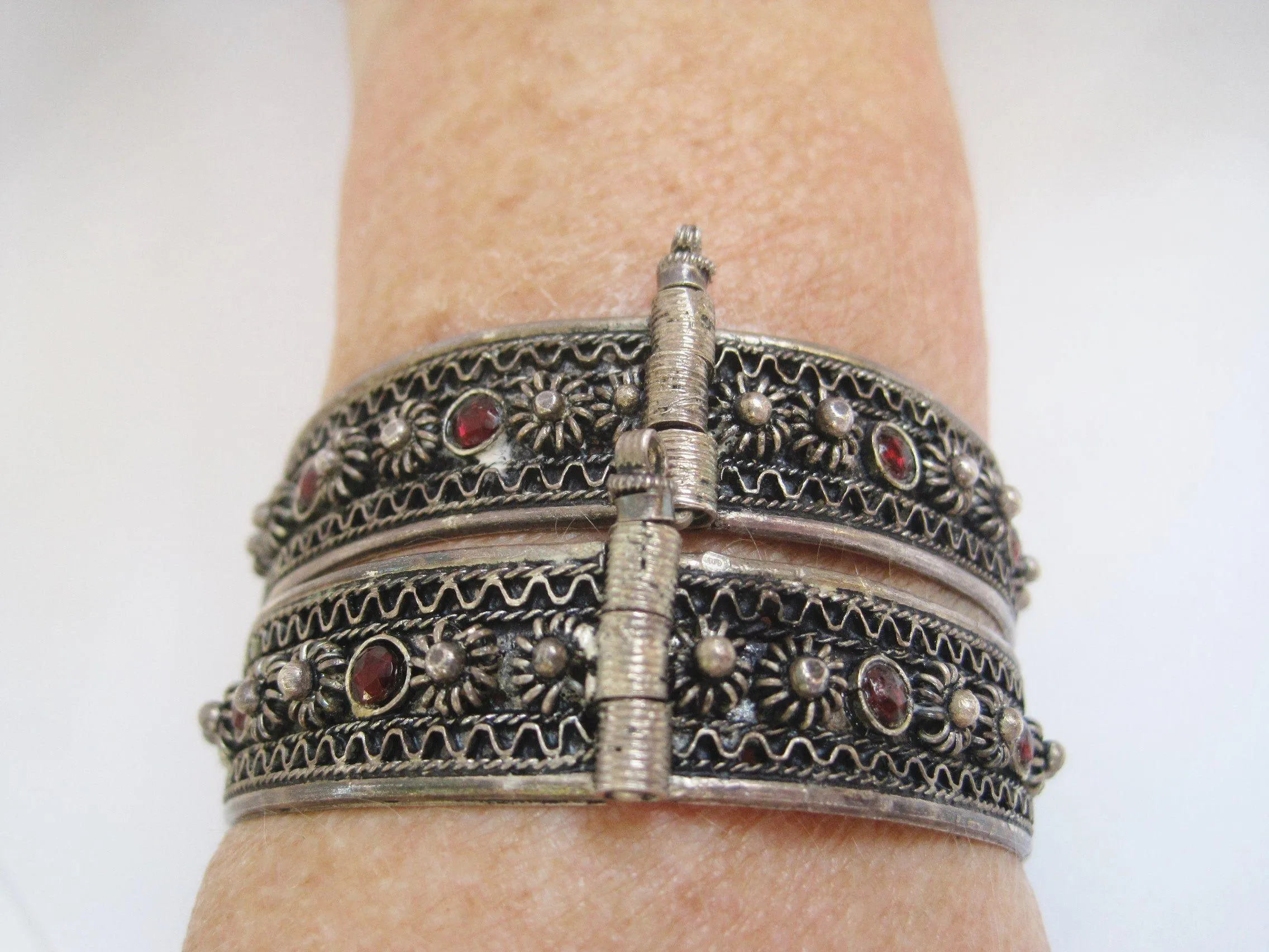 Matching Pair of Silver and Garnet Middle East Bracelets