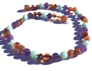 Medium: Momma Goose-Baltic Amber Baby Necklace-Amazonite/Amethyst -1060M||Bluebell