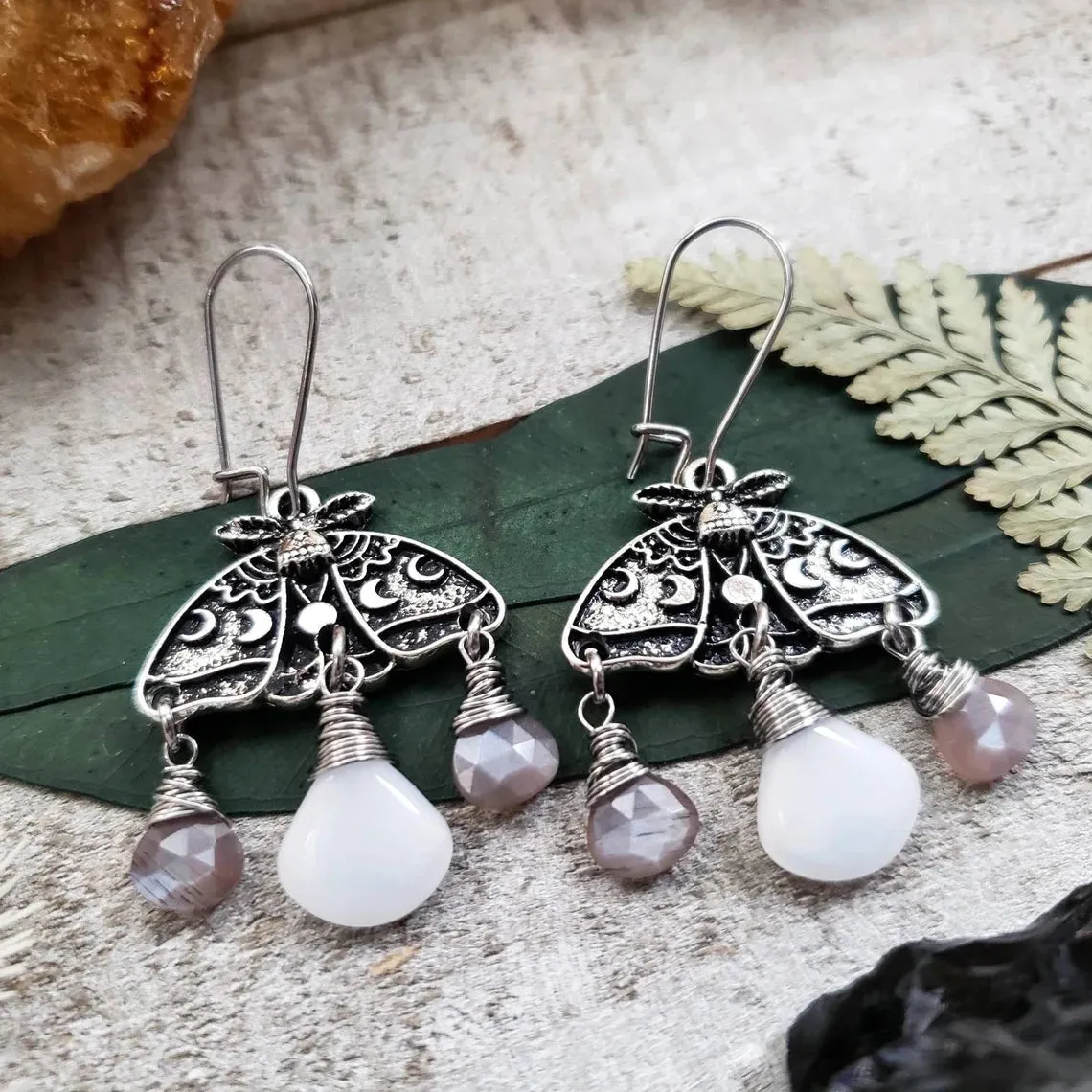 Moon phase moth earrings