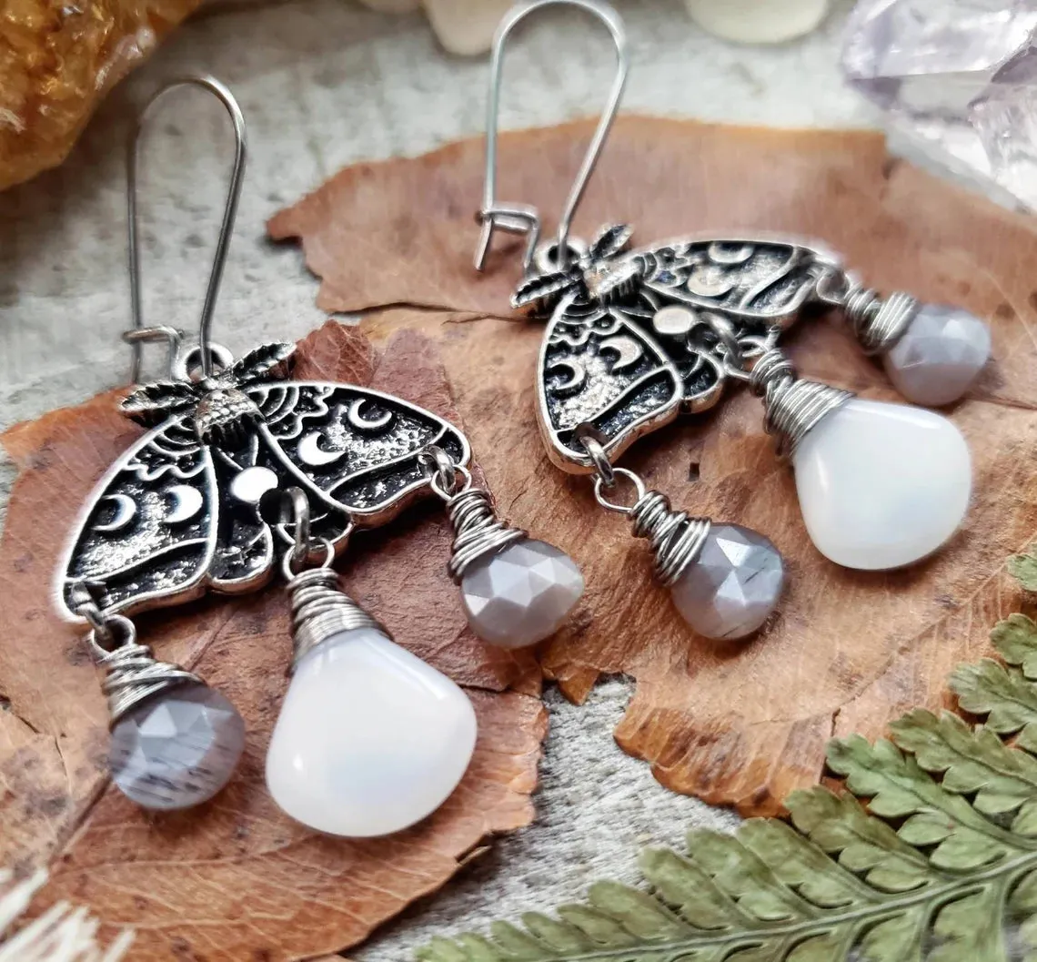 Moon phase moth earrings
