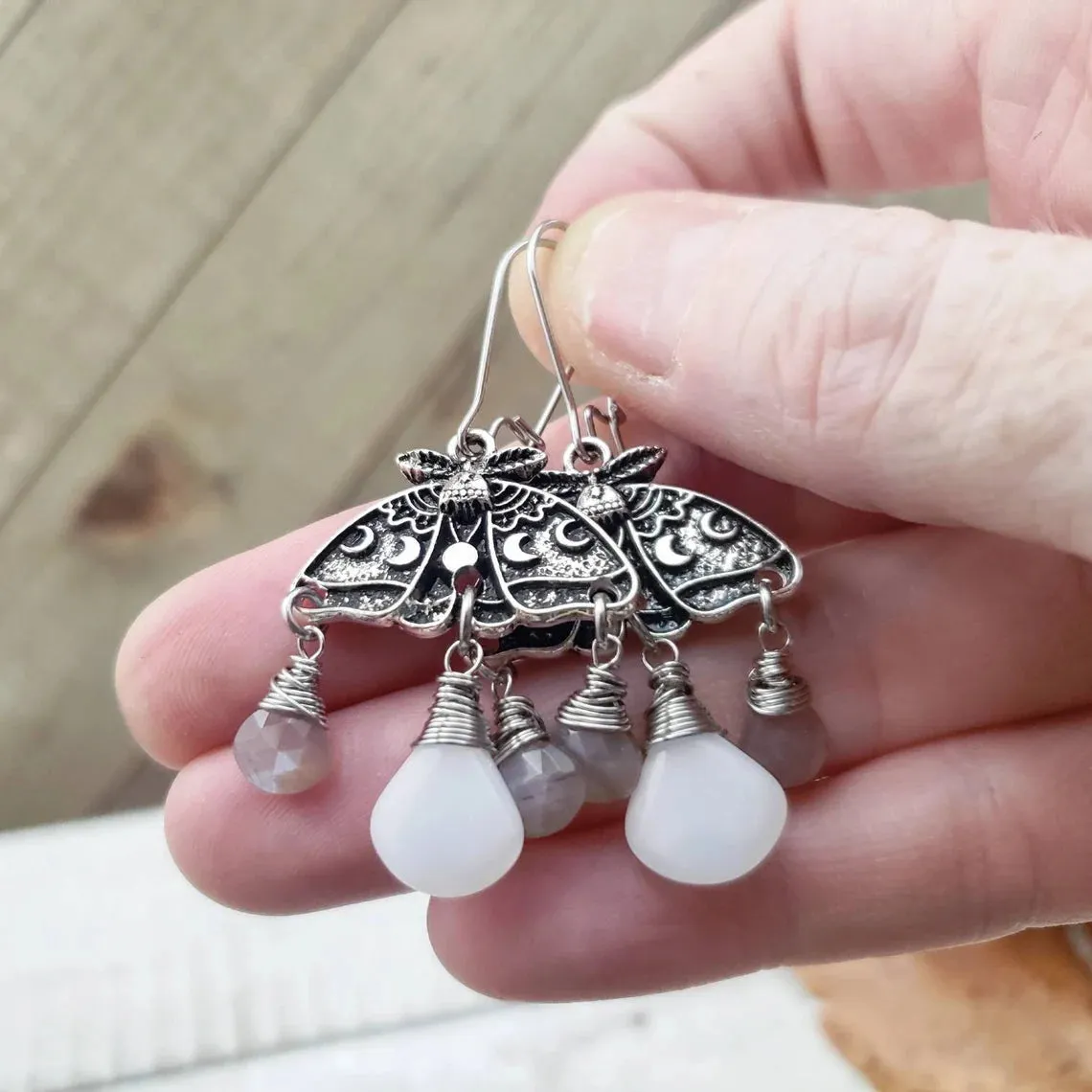 Moon phase moth earrings