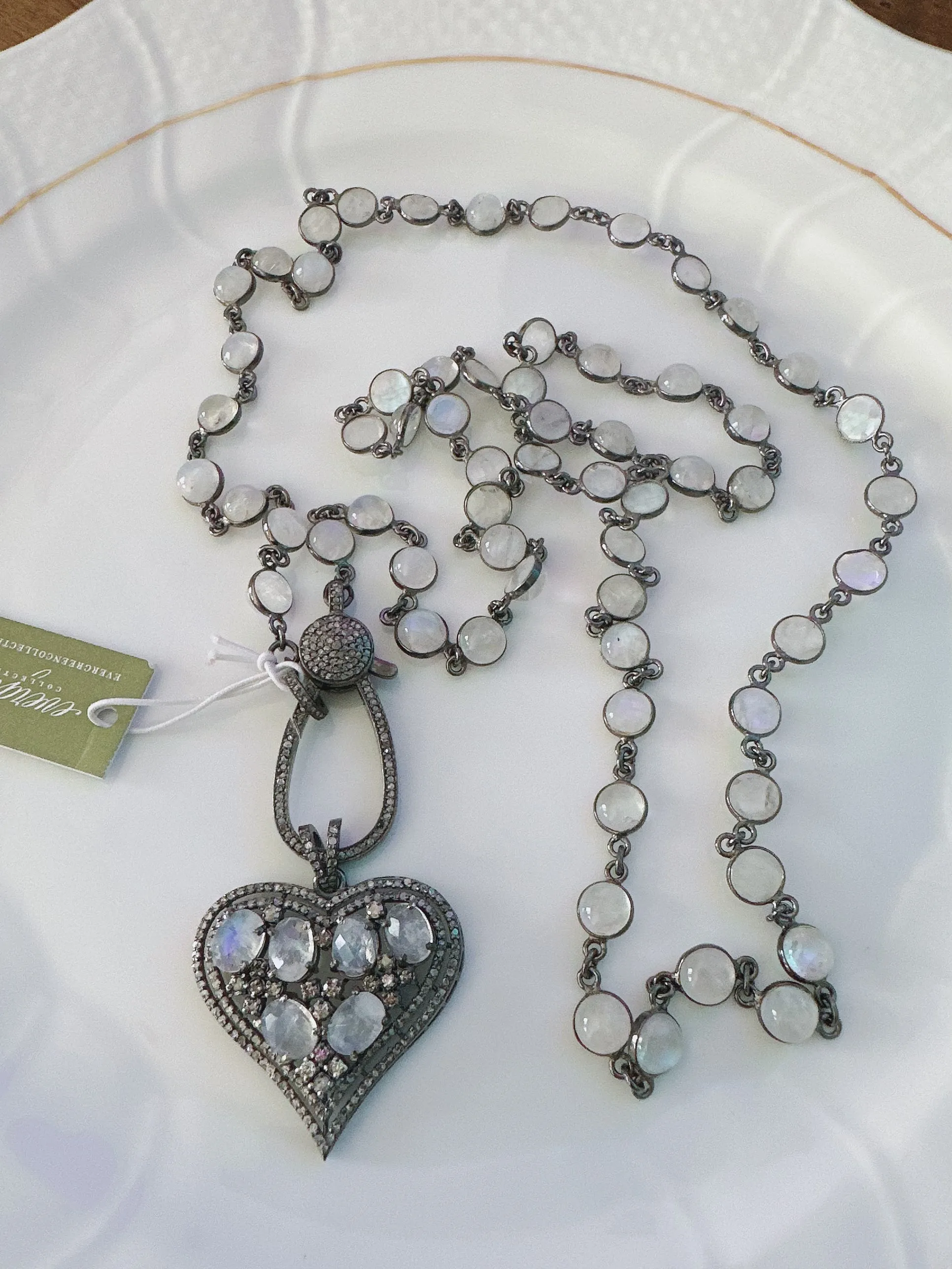 Moonstone Bezel Chain Necklace with Pave Diamond Lock