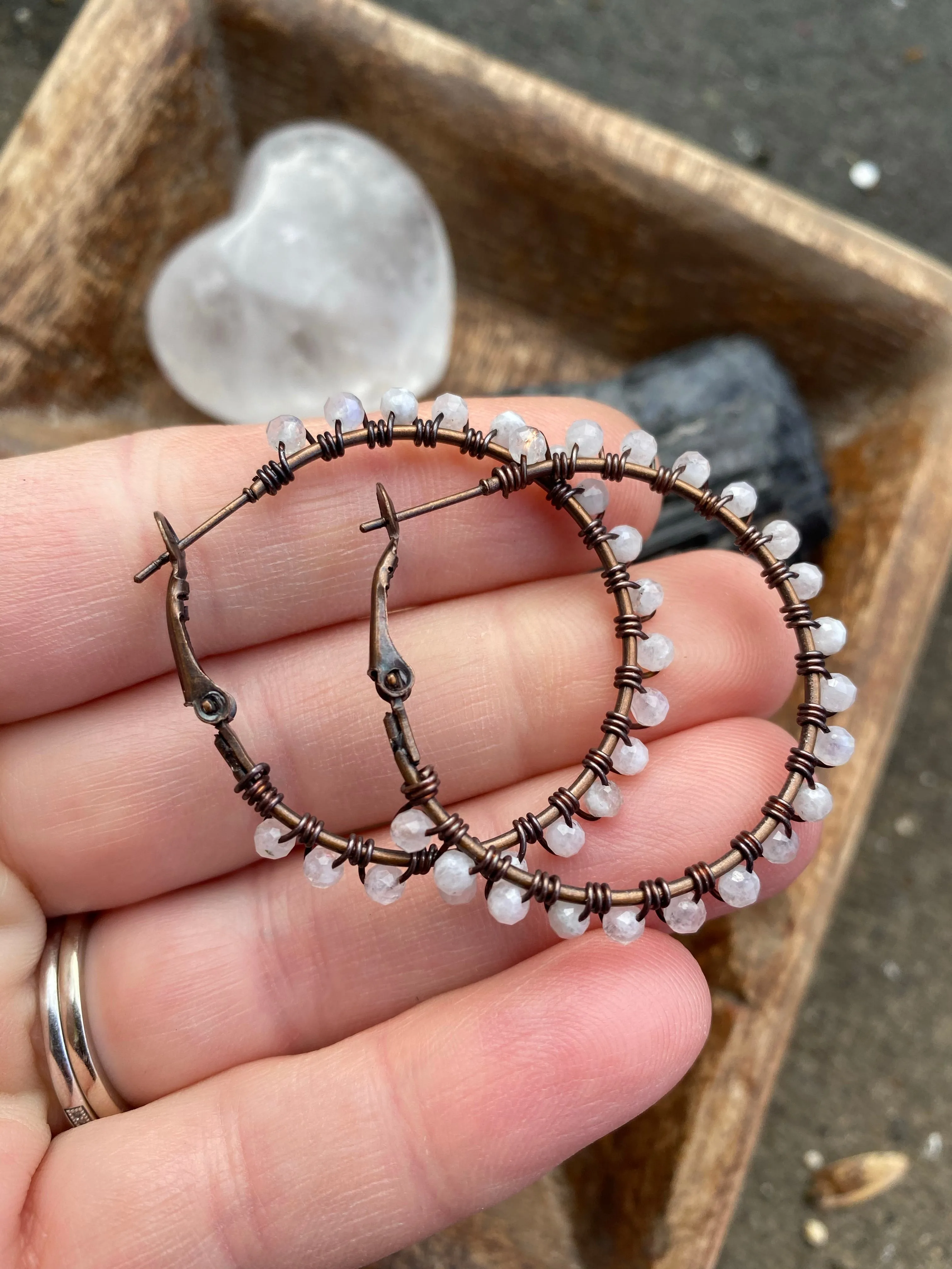 Moonstone gemstone, copper metal hoops, wire wrapped, earrings