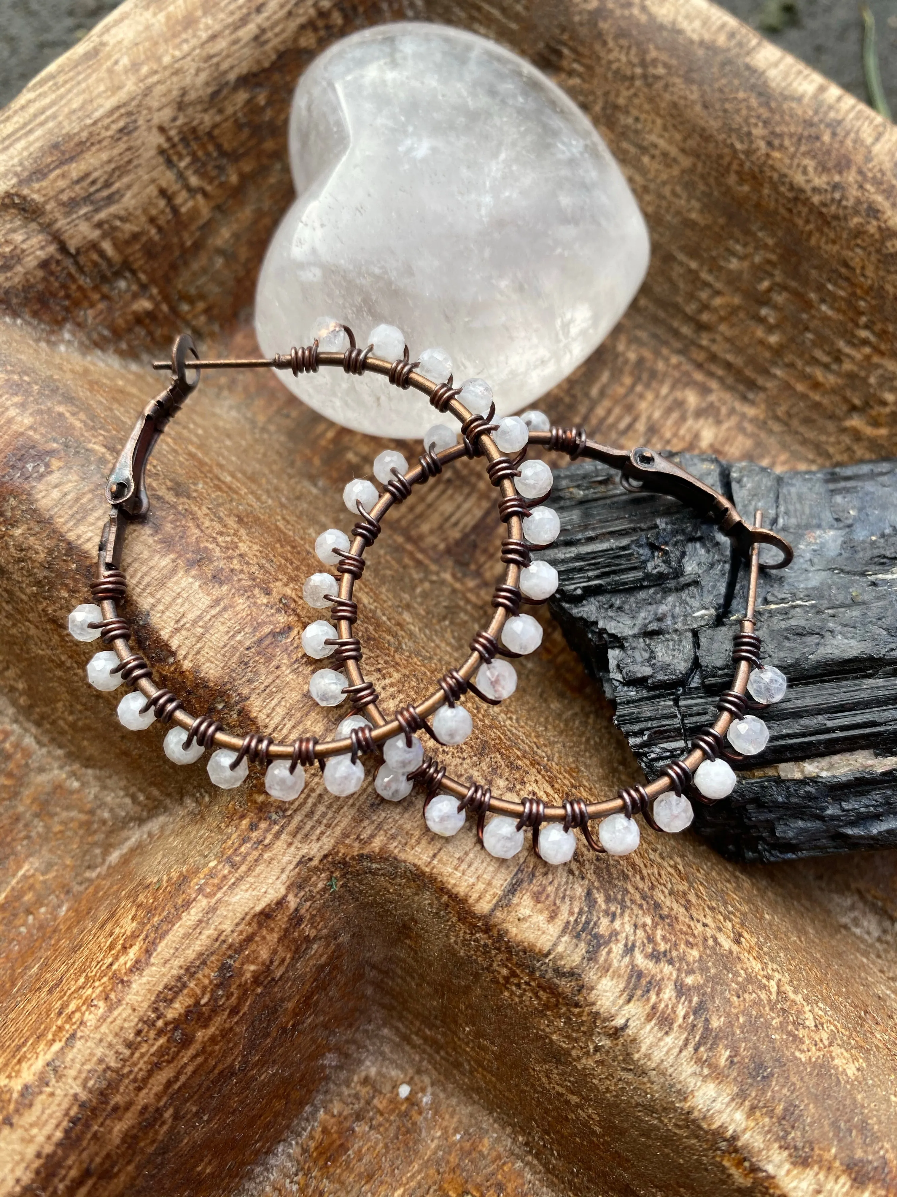 Moonstone gemstone, copper metal hoops, wire wrapped, earrings