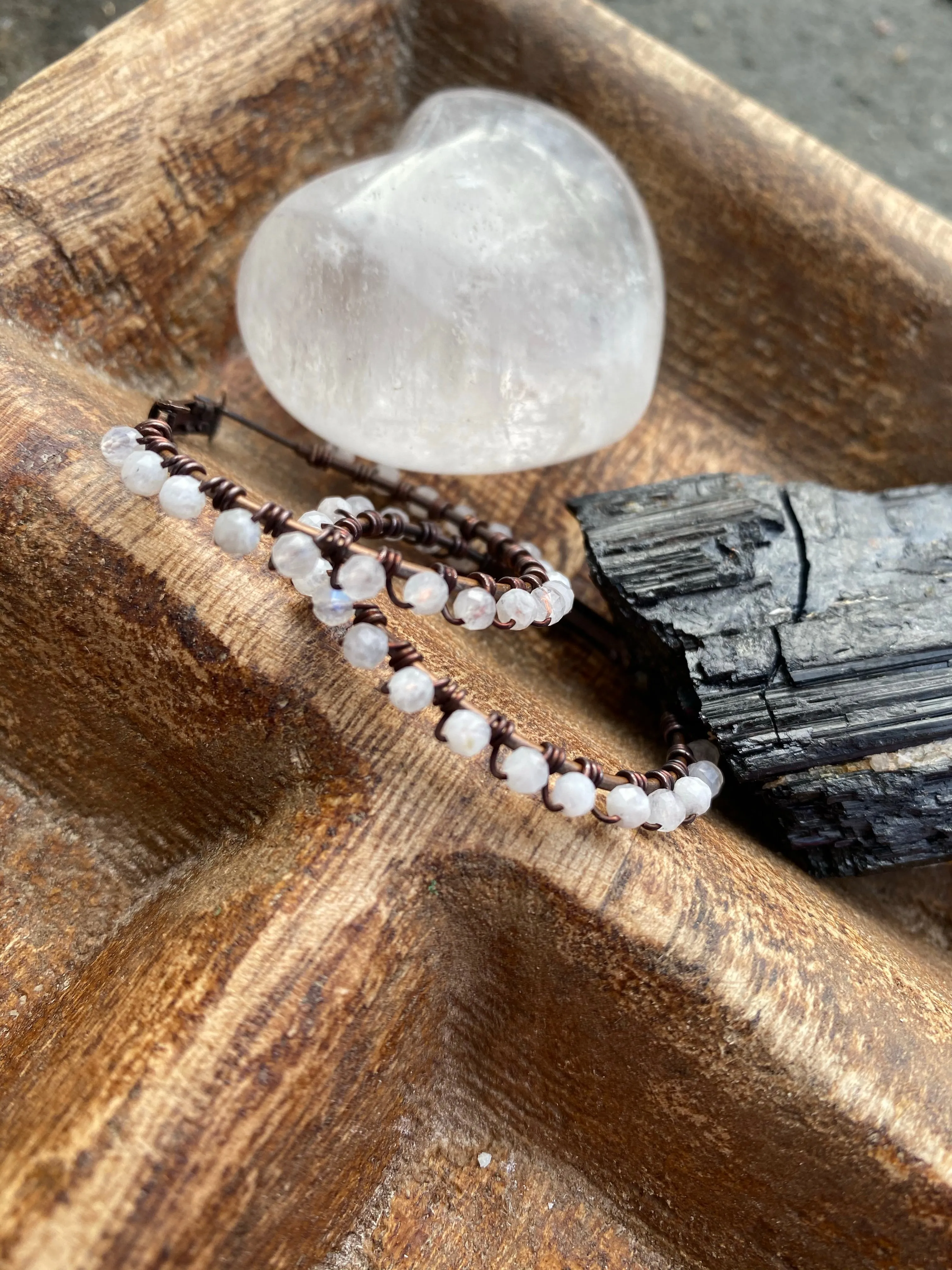 Moonstone gemstone, copper metal hoops, wire wrapped, earrings