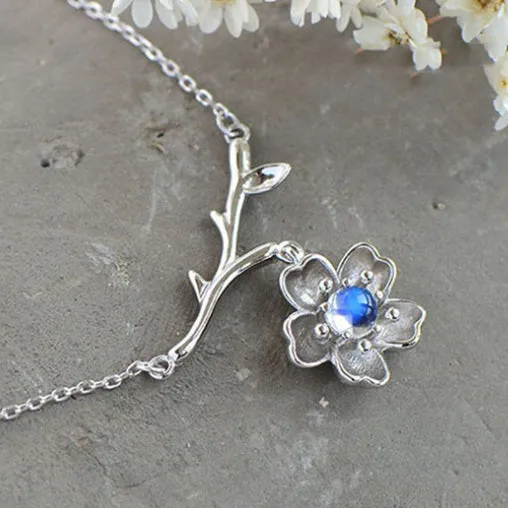 Moonstone Sakura Pendant Necklace in White Gold Plated Silver Jewelry Accessories Women