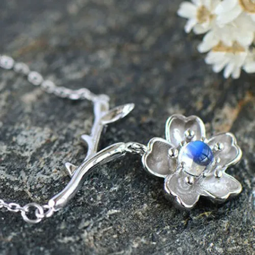 Moonstone Sakura Pendant Necklace in White Gold Plated Silver Jewelry Accessories Women