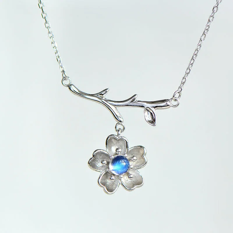 Moonstone Sakura Pendant Necklace in White Gold Plated Silver Jewelry Accessories Women
