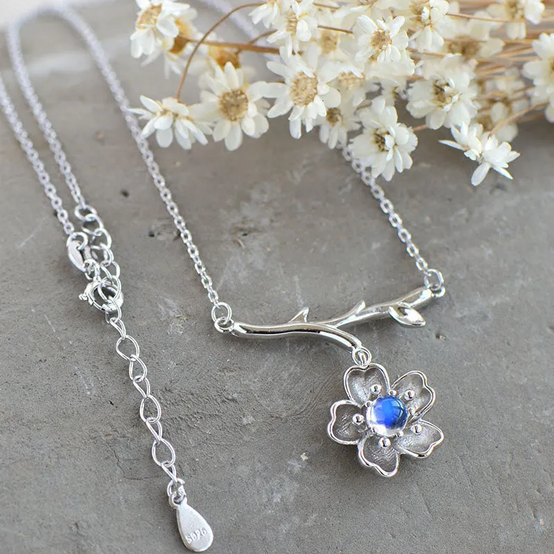 Moonstone Sakura Pendant Necklace in White Gold Plated Silver Jewelry Accessories Women