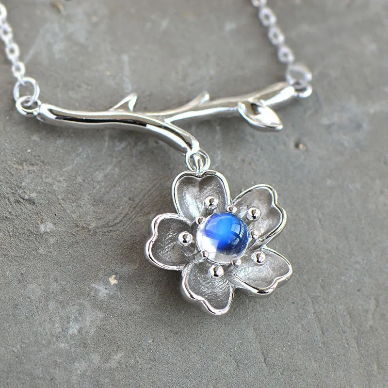 Moonstone Sakura Pendant Necklace in White Gold Plated Silver Jewelry Accessories Women